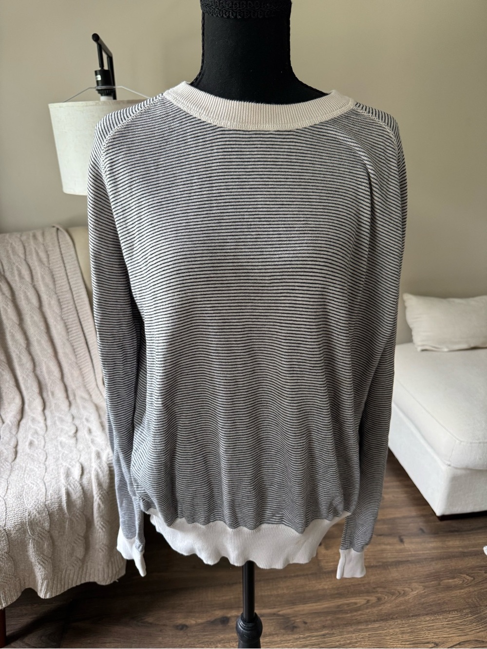 Billy Reid Cream and Black Striped Crewneck Sweater